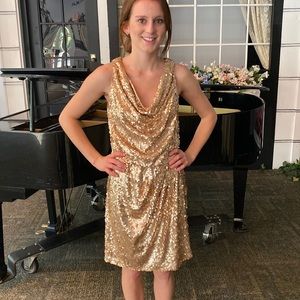 Simple gold sequined cocktail dress.